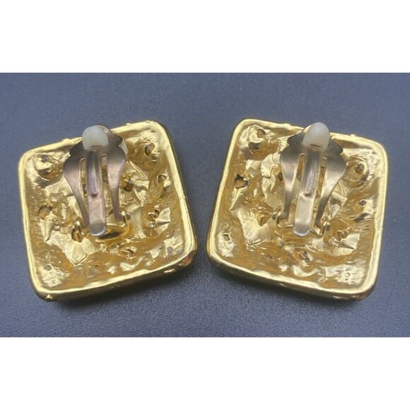 Vtg Earrings Leopard Gold Tone Brushed Finish Square With Amber Stones 1.25" - Picture 7 of 7